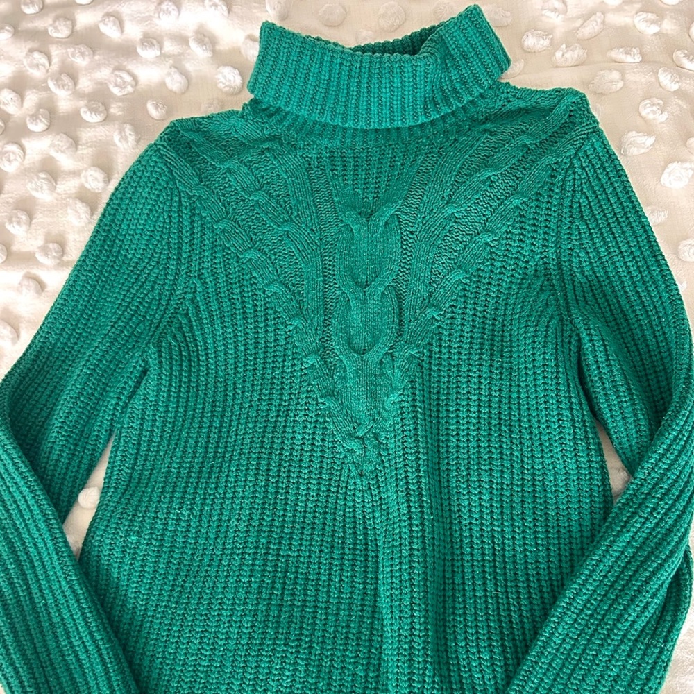 Lands End Green Cable Knit Turtleneck Sweater